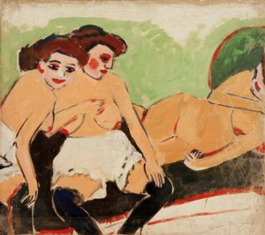 Three Nudes on a Black Sofa